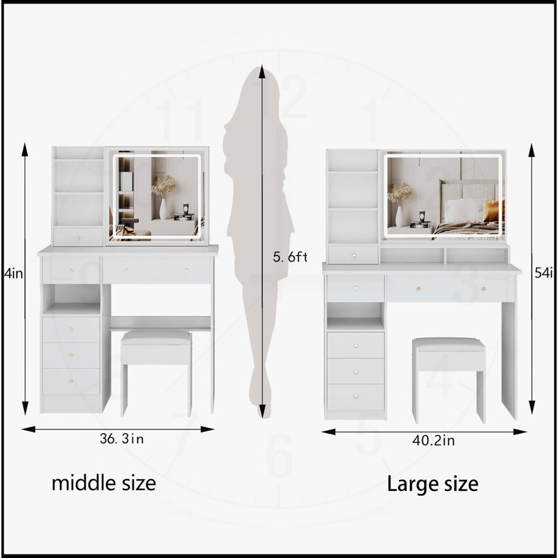 Grande coiffeuse polyvalente avec miroir à DEL et rangement grande capacité