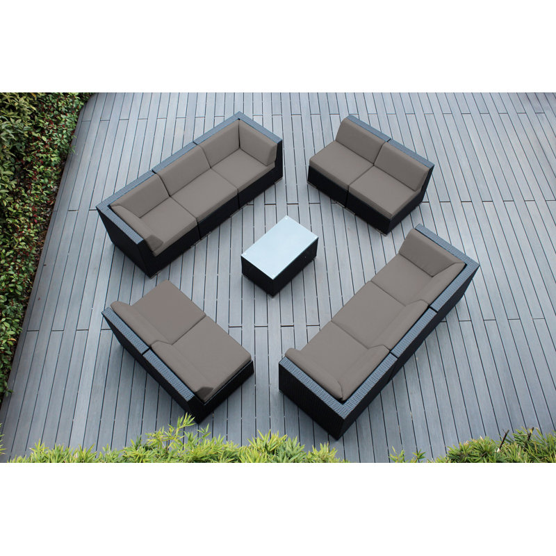 Ensemble de conversation en osier pour 10 personnes avec coussins Pavior, Toile Sunbrella® taupe