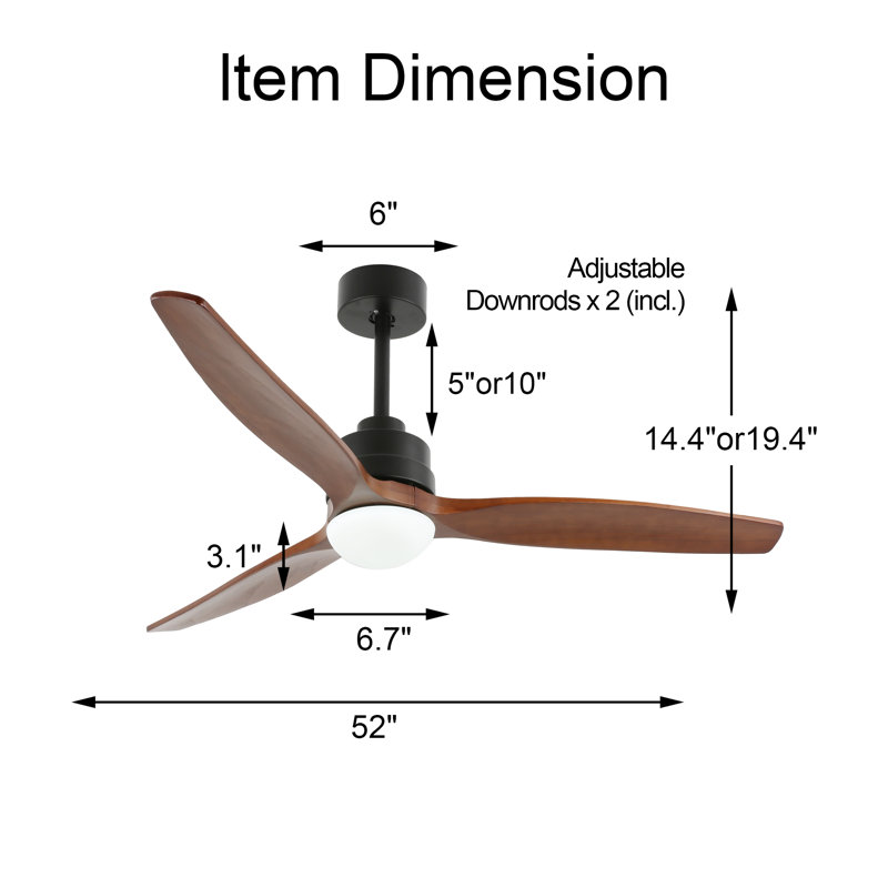 Boarisch 52 inches LED Wood Black Ceiling Fan with Remote Control and Light Kit, Reversible DC Motor