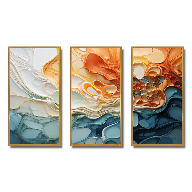 Encre bleue et orange, encre liquide, art mural abstrait à l'encre liquide, H 40 po x l 60 po x P 1 po, Cadre flottant doré