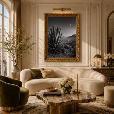 «Agave noir et blanc», art mural sur toile paysage désertique avec lune