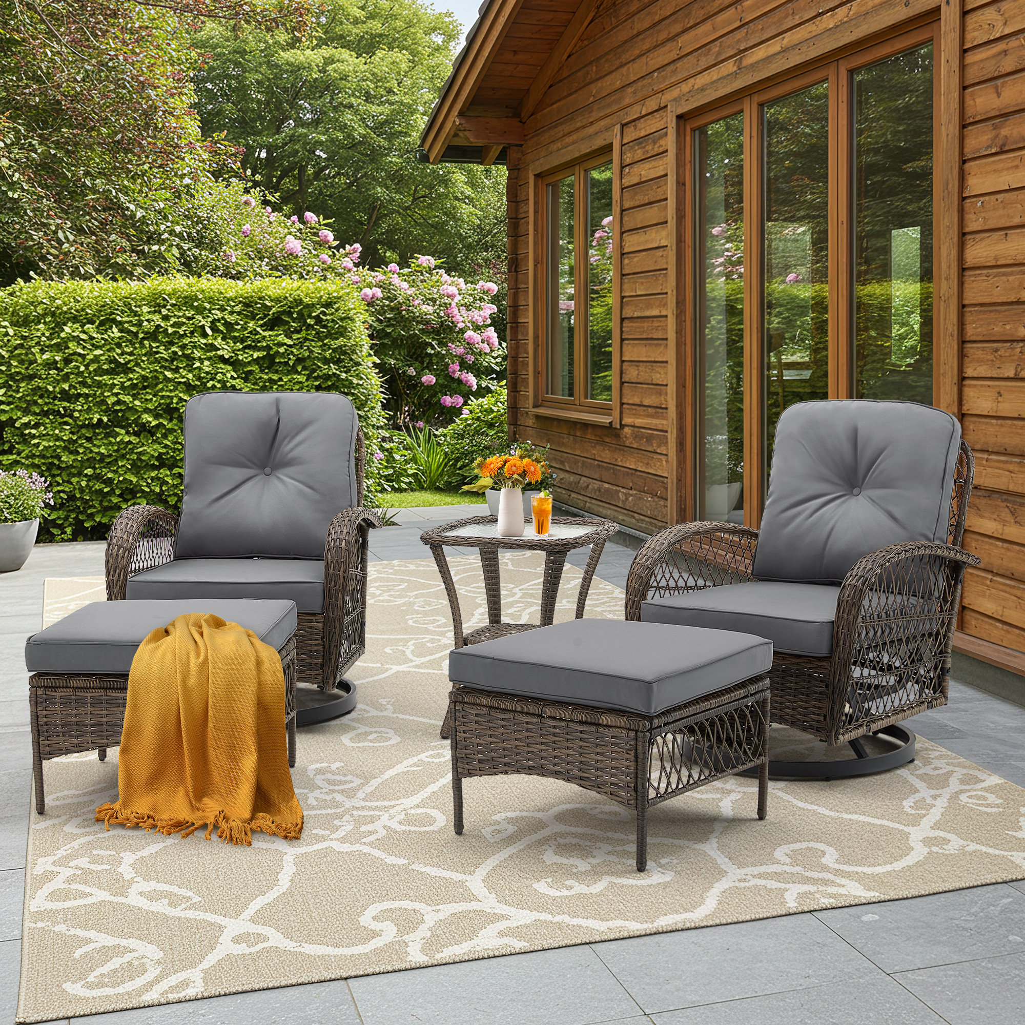 Bayou Breeze 5-Piece Outdoor Patio Furniture Set With Swivel Rocking Chairs, Ottomans And Glass ...