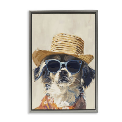 «Beach Holiday Pup», toile encadrée noire par Petals Prints Design