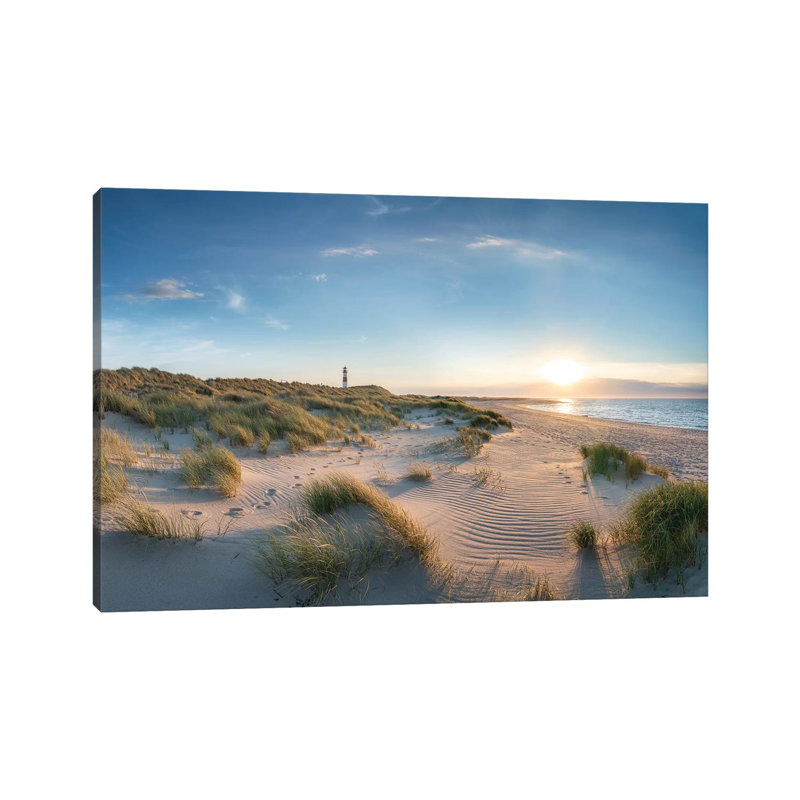 Dune Landscape with Lighthouse at Sunset, North Sea Coast, Sylt, Germany 1 Piece Wall Art on Canvas, Wrapped Canvas
