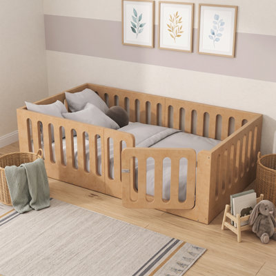 Twin Wood Montessori Floor Bed with Door and High Fence