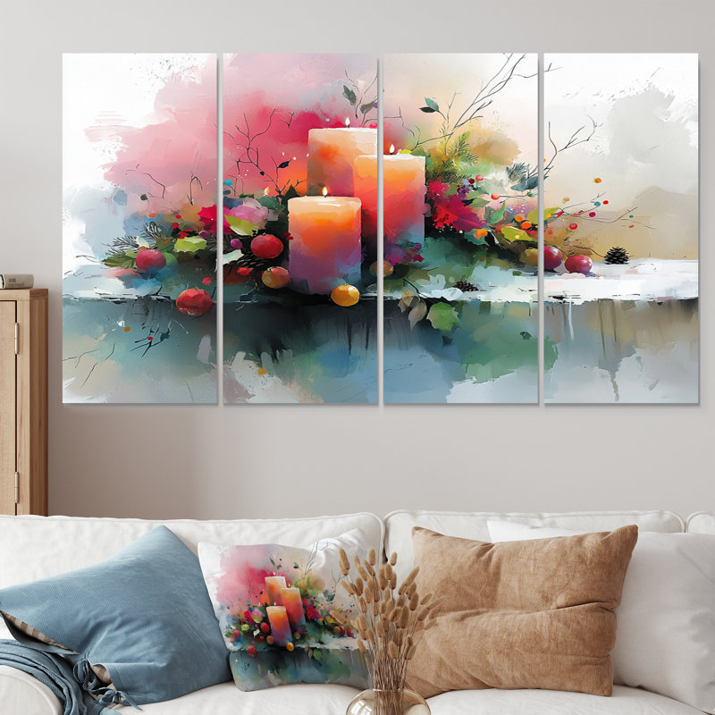 Bougie de Noël rose et orange Glow I - ensemble d'art mural sur toile de Noël, H 28 po x l 48 po