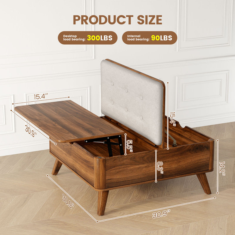 Table basse carrée en bois à plateau relevable avec rangement Table basse avec coussin épaissi, Brun
