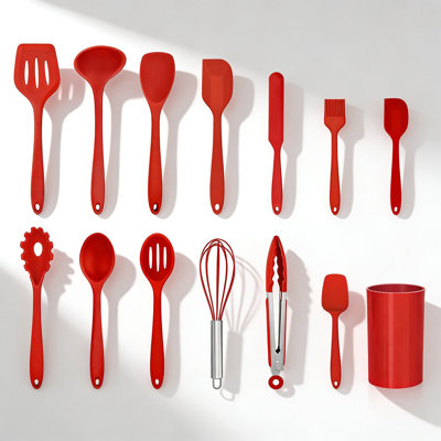 14-Piece Silicone Cooking Utensil Set With Holder, Heat Resistant & Dishwasher Safe Kitchen Tools Including Spatula, Spoon, Turner, Whisk, Tongs For Non-Scratch Cooking