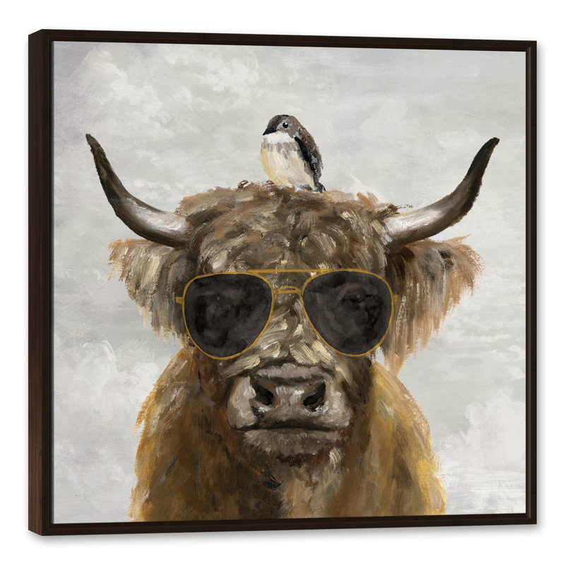 " Cool Highland Cow " Watercolor Painting, 37.75" H x 37.75" W x 1.75" D, Brown Floater Frame Canvas