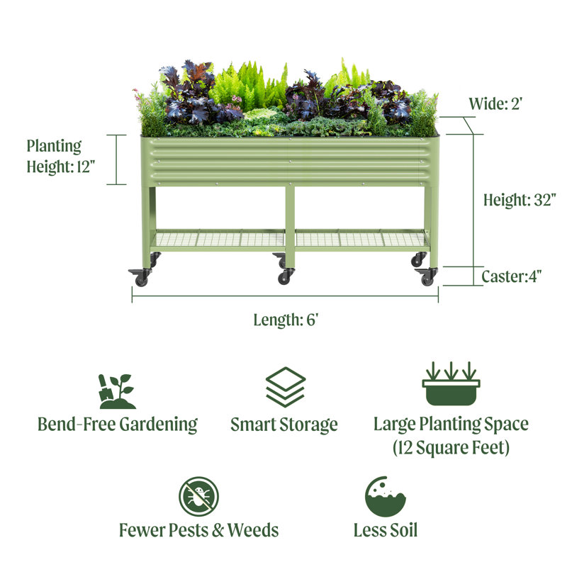 36" Tall 24" Wide Metal Outdoor Elevated Planter with Wheels, Olive Green