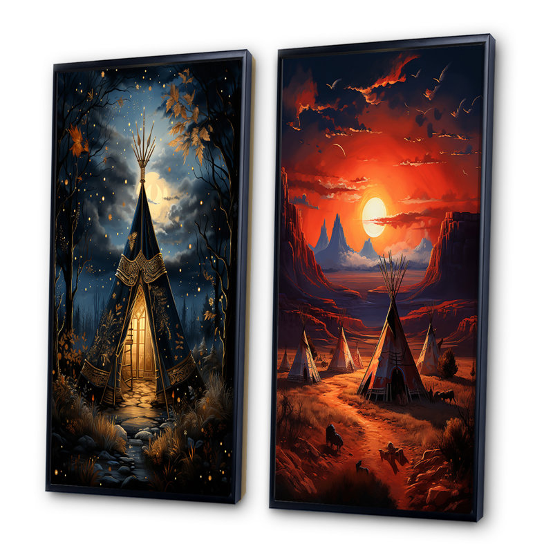 «Blue Native Tipi Celestial Connections», 2 pièces, H 40 po x l 40 po, Cadre noir