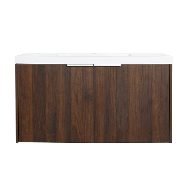 Meuble-lavabo mural simple 36 po avec plateau en résine Maceira, Noyer de Californie