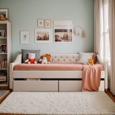 Full Daybed with 2 Storage Drawers, Upholstered Full Size Sofa Bed Day Bed with Wood Slat Support, Beige