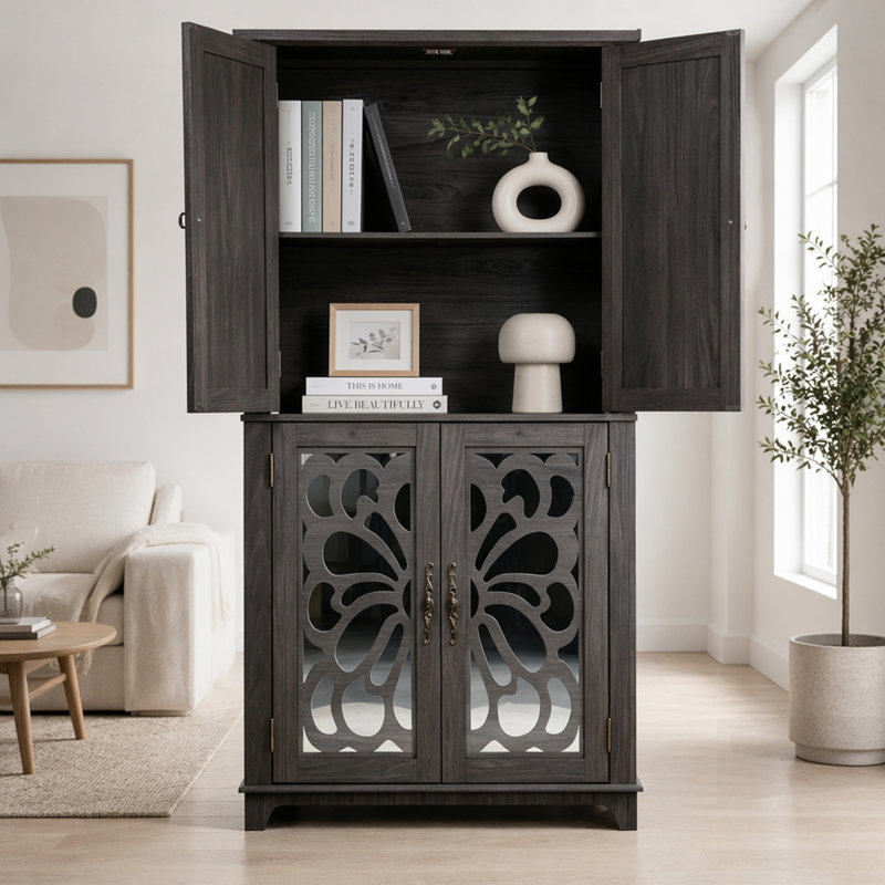 Buffet durable en panneau de fibres à densité moyenne brun foncé avec 4 portes en miroir et tablettes réglables pour un rangement polyvalent