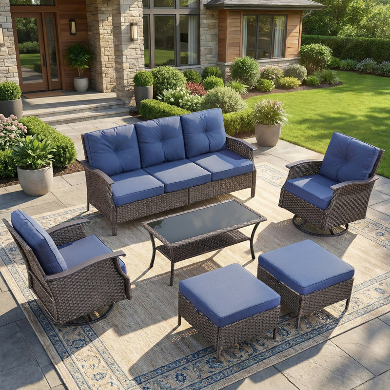 6-Piece All-Weather Outdoor Wicker Patio Sofa Set With Swivel Chairs And Ottomans