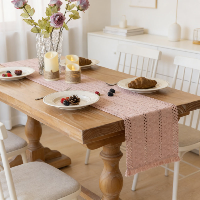 Table Runner With Macrame Fringe, Linen Blend Fabric For Farmhouse Rustic Dining Table Decor, Kitchen Centerpiece, And Home Accents