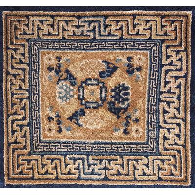 Antique Geometric Medallion Wool Hand Knotted Pile Yellow / Gold Orange 1870s Rug