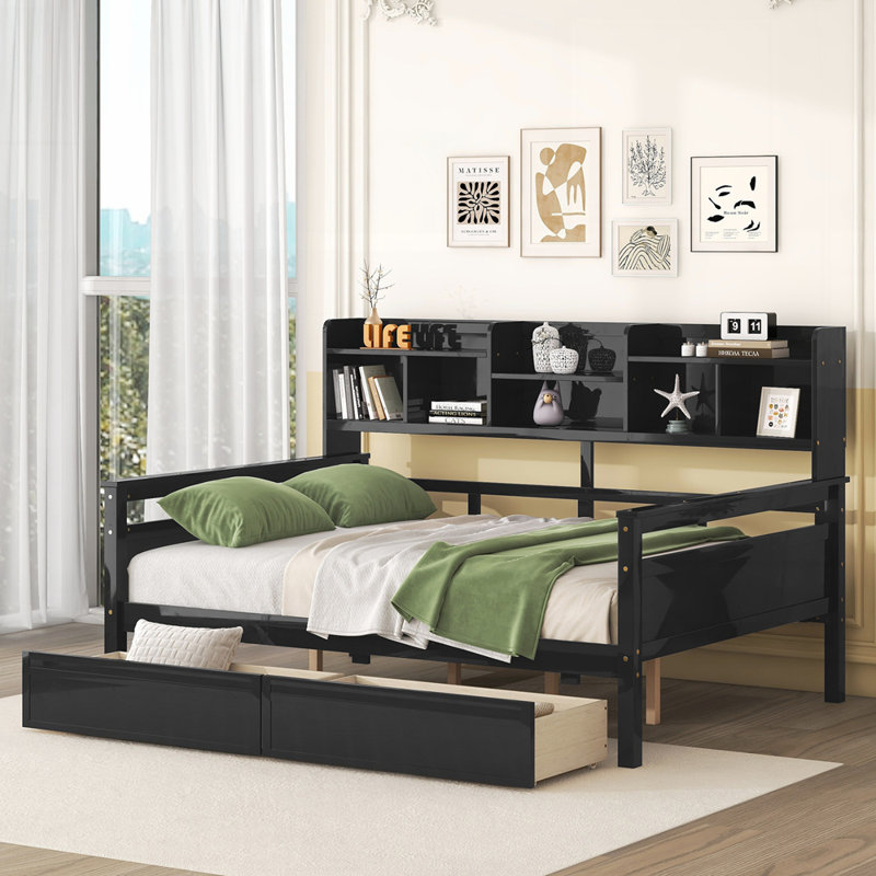 Daybed, Wood Slat Support, with Bedside Shelf and Two Drawers, Espresso, Full