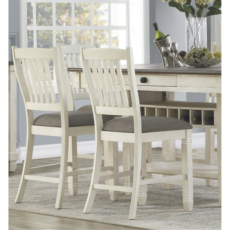 Chaises de salle à manger à hauteur de comptoir 2 pièces, bois au fini blanc antique, chaise en bois texturé 2, revêtue