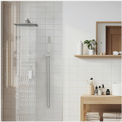 Système de douche à pluie avec support de rangement Ensemble de robinet de douche 10 pouces Nickel brossé à haute pression avec pomme de douche carrée Fixation murale de luxe