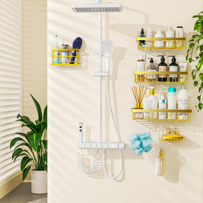 Adhesive Shower Caddy Organizer Set - 5-Pack Rustproof Bathroom Storage Shelves With Hooks, Soap Dish & Toothbrush Holder For Home, RV, Camper