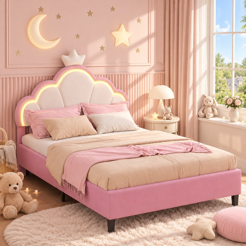 Upholstered Princess Bed Frame with Adjustable LED Crown Headboard and Slatted Base for Children & Teenagers, Double (4'6)