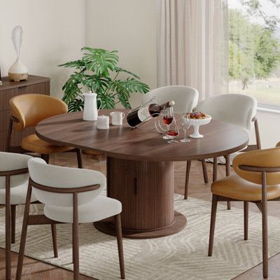 Table de salle à manger extensible de 47 à 63 po pour 4 à 8 personnes, table de salle à manger ovale avec rangement, table de salle à manger à piédestal moderne Mid-Century, brun noyer