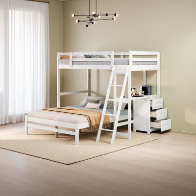Lit superposé simple au dessus d'un lit double avec bureau intégré et trois tiroirs