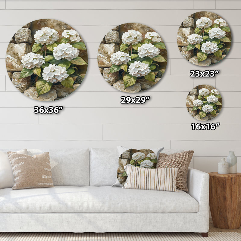 «Hydrangeas By The Stone Wall», reproduction d'art en métal blanc traditionnel, Hydrangea, art mural rond en métal