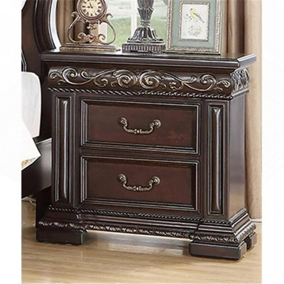 Traditional Bedroom Furniture 2 Drawer Nightstand, Solid Wood Carvings Bedside Table, Dark Cherry