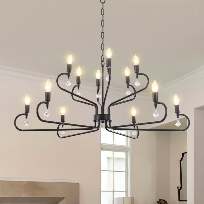 Lustre noir 12 lumières avec accents de cristal, luminaire suspendu style bougie de style campagnard industriel