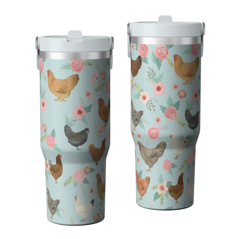 Gobelet 30 oz avec couvercle et poignée Gobelets isothermes en acier inoxydable Bouteille d'eau mignonne avec rabat (motif de poulet)