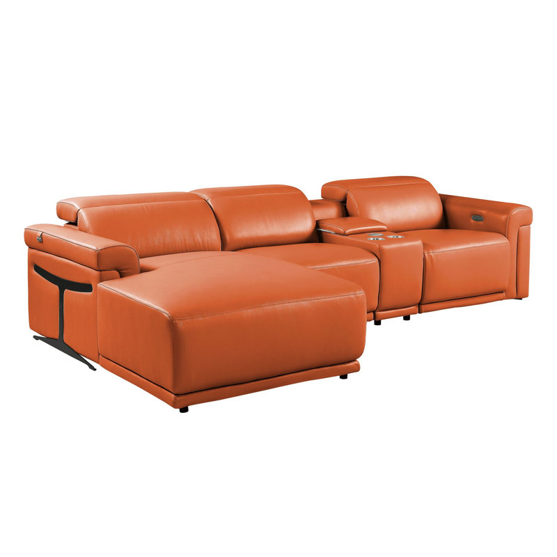 Canapé modulaire en cuir italien 4 pièces Camel faisant face à la gauche avec 1 fauteuil inclinable électrique et appuis-tête réglables Camel
