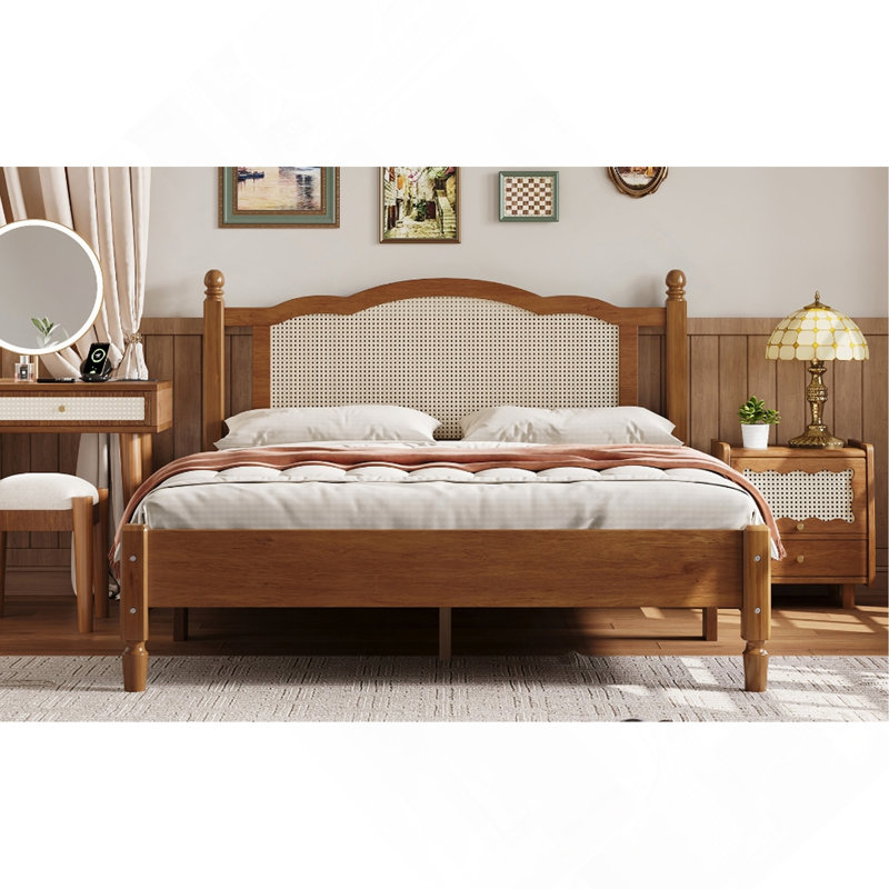 Grand lit plateforme en bois avec tête de lit en rotin, cadre de lit rétro avec support en lattes de bois, Grand lit, Noyer