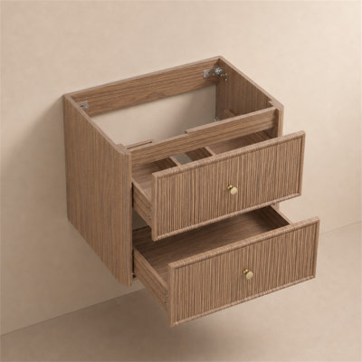 24" Wall Mounted Single Bathroom Vanity Cabinet Base Only, Mid-Century Modern Fluted Wood Floating Vanity Cabinet with Curved Corners, 2 Soft-Close Drawers