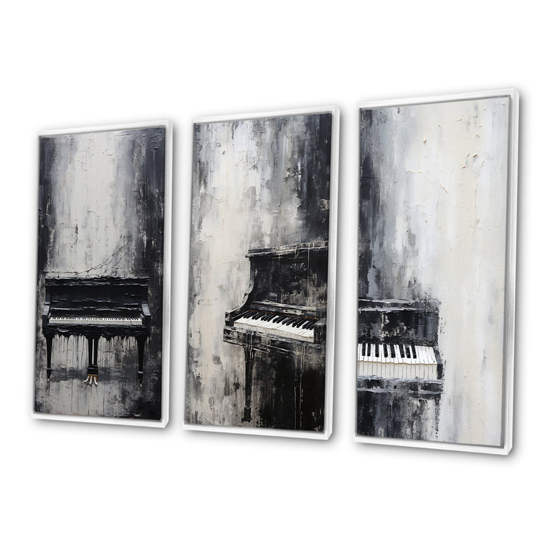 Minimalisme, piano, minuit, noir et blanc - Ensemble de 3 décorations murales piano musical, H 28 po x l 36 po