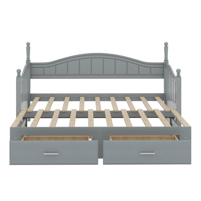 Rosamond Wooden Twin Size Daybed with Twin Size Trundle, Extendable Daybed with Two Drawers, Grey