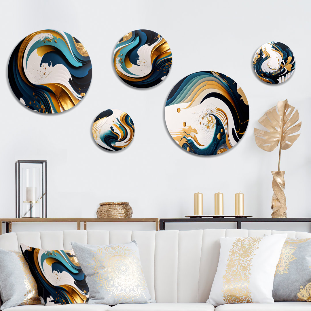 Blue And Gold Modern Art Abstract Painting I Modern Abstract Wall Decor on Metal Orren Ellis