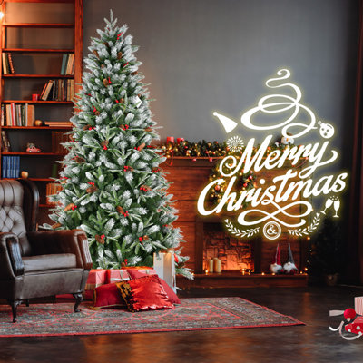 Christmas Tree with 1593 Tips, Red Berries & Pine Cones – Snow-Dusted PE+PVC Branches, Hinged Design for Easy Setup, Sturdy Metal Stand – Full, Natural Holiday Tree Decoration