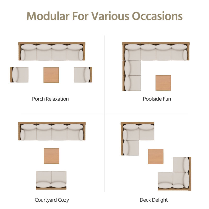 All-Weather Wicker 6 - Person Modular Patio Conversation Sets with Cushions, White/Beige