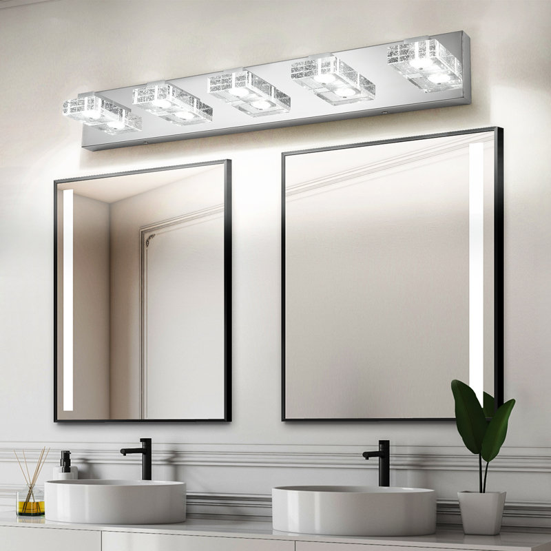 Éclairage à DEL pour meuble-lavabo, verre cristal bullé, intensité variable, chrome poli moderne, 5 lumières