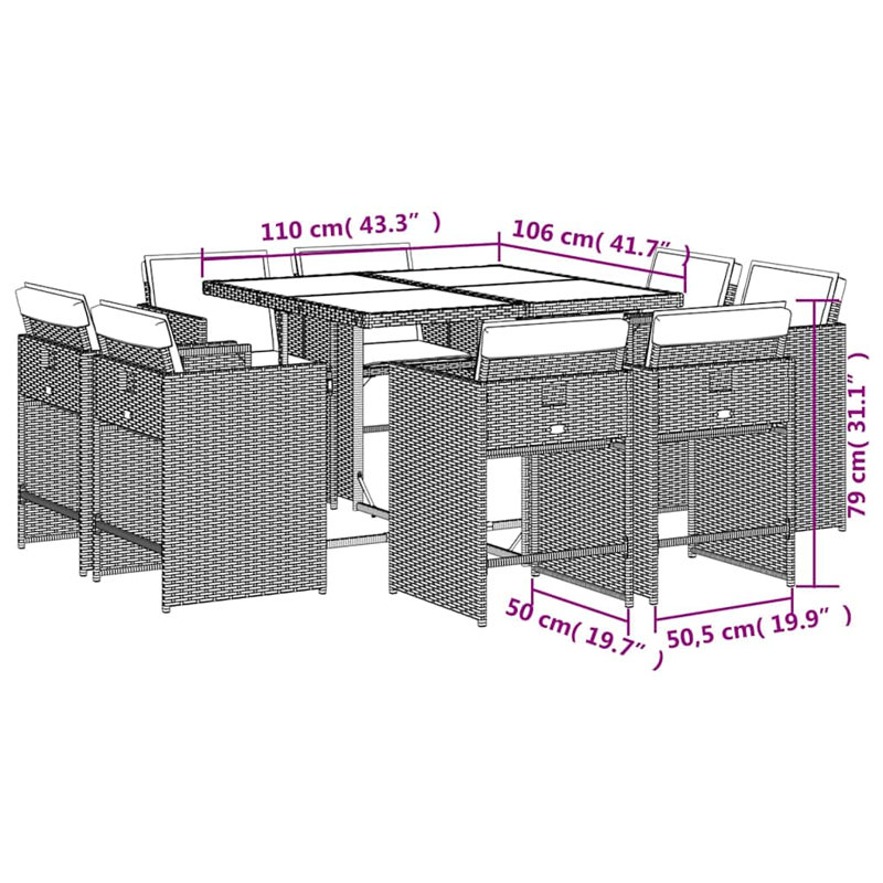 Patio Dining Set with Cushions included, 9, 73 cm H x 110 cm W x 106 cm D, 8