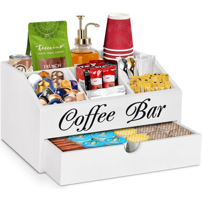 Coffee Bar Accessories Organizer Countertop, Wood Coffee Station Organizer With Handle, K Cup Storage Basket Coffee Pod Holders With Drawer, Farmhouse