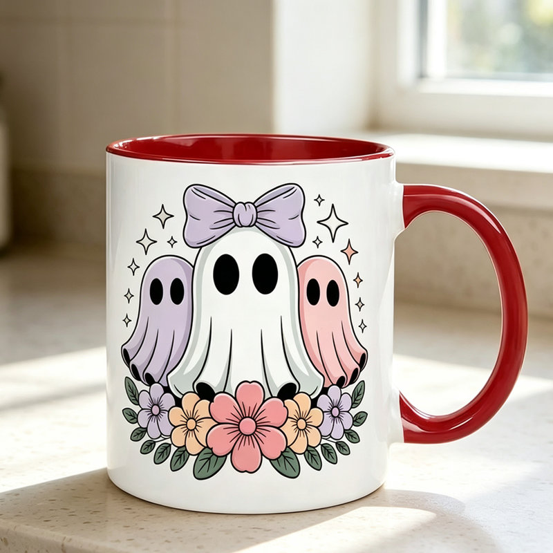 Halloween Mug Featuring Adorable Ghosts Design, Kawaii Spooky Ceramic Coffee Cup Adorned with Bow And Floral Motif.