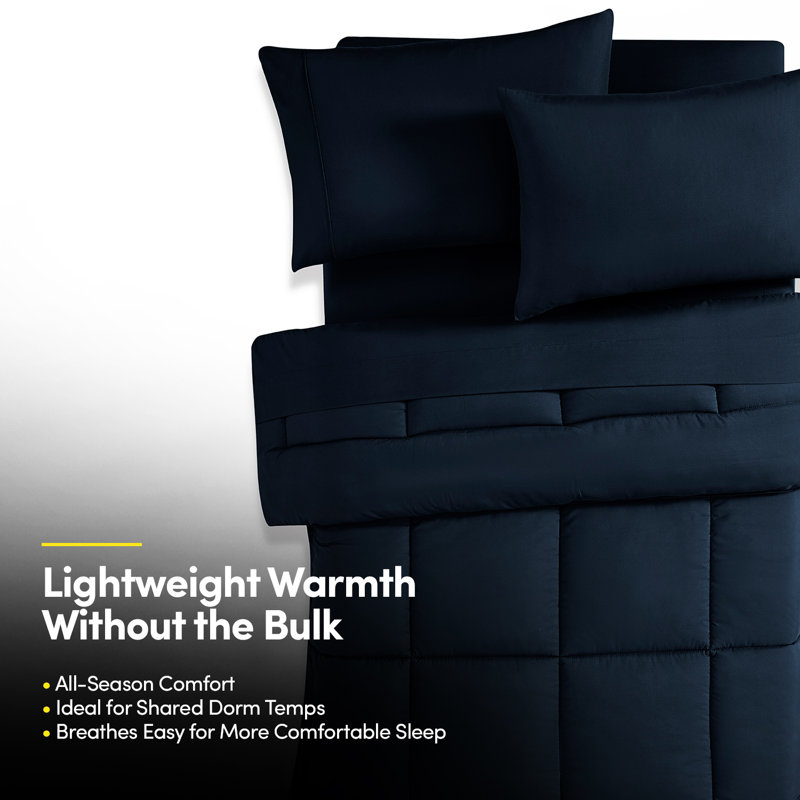 Ensemble de literie pour grand lit simple 7 pièces Campus Ready Dorm, édredon, oreillers et draps, Marine
