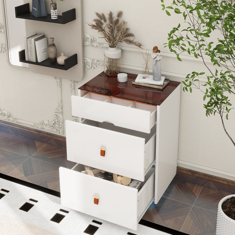 3-Drawer 30'' Nightstand With LED Light, Modern Nightstand With 3 Storage Drawers, Bedside Table With Glass Top Jewelry Storage And Faux Leather Handles For Bedroom, Livingroom, Cloakroom, White