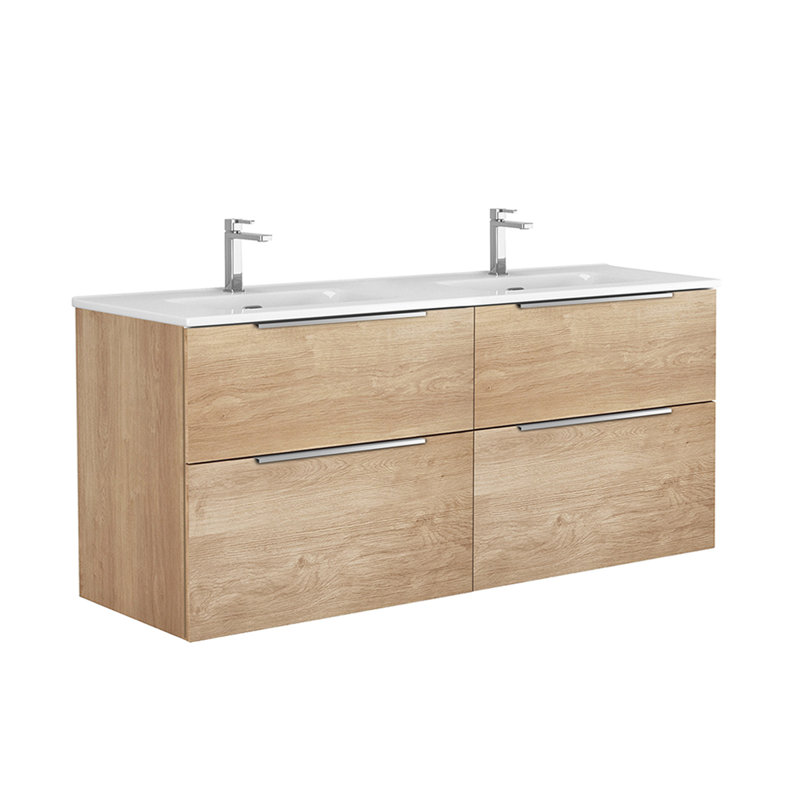 Dalia 56.0" Wall Mounted Double Bathroom Vanity In Natural Oak With Solid Surface Top, Natural Oak, 56"