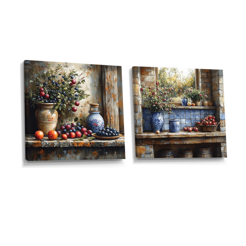 Farm Kitchen Earthy Delights I - Art mural de cuisine - Toile d'art murale traditionnelle 2 pièces, 16" H x 33" W