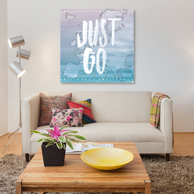 « world traveler series : just go », art textuel sur toile, H 18 po x l 18 po x P 1,5 po, Toile tendue, Pas de tapis