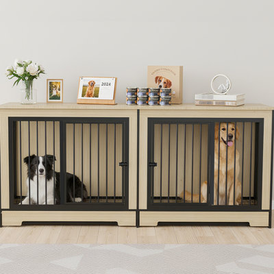 Cage extra large pour chien avec deux compartiments séparés, plateau de nettoyage, cage en bois design et résistante aux morsures, taille moyenne, structure métallique renforcée.